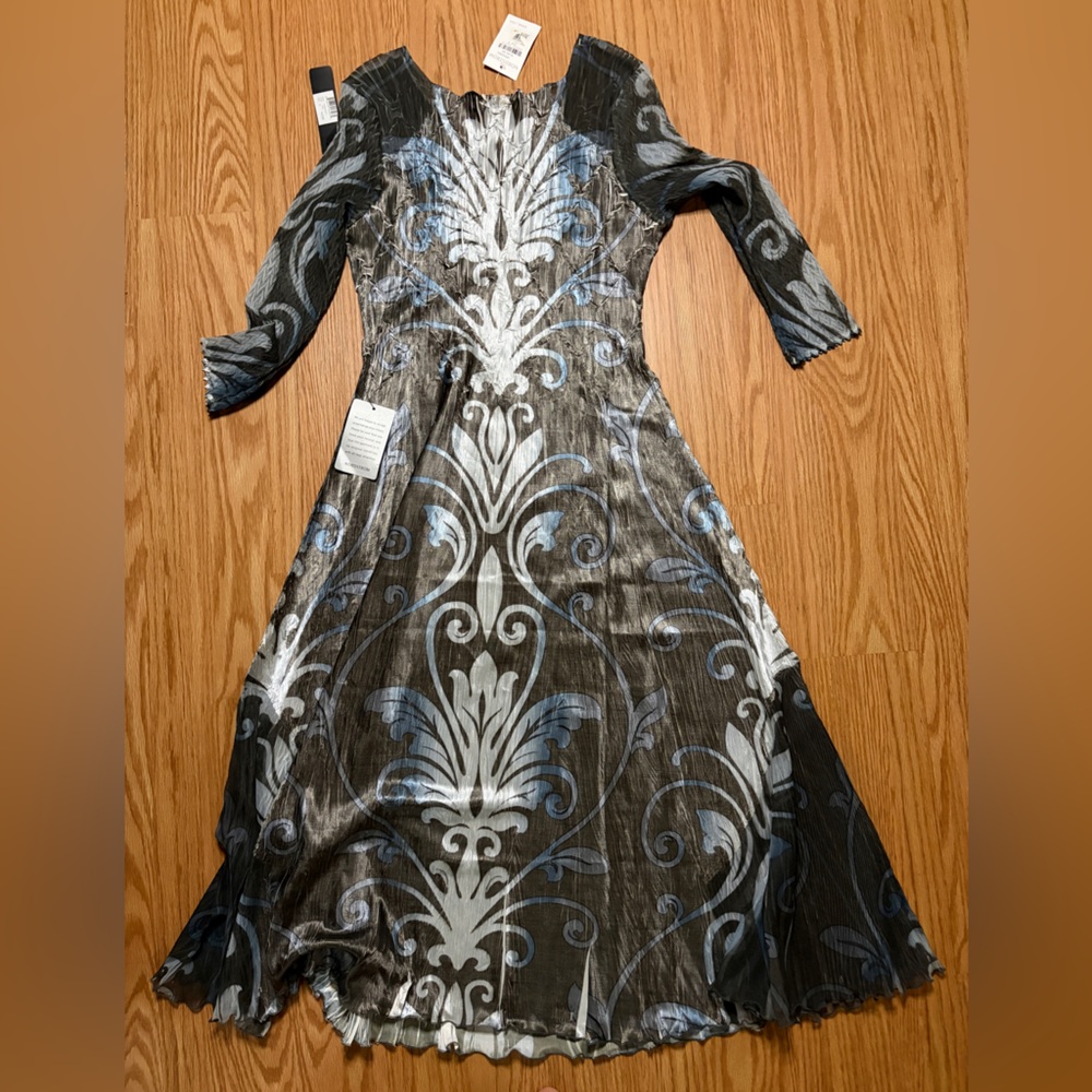 NWT Komarov Dress Sleeve Black Blue Metallic Midi Dress Size M - Picture 2 of 4